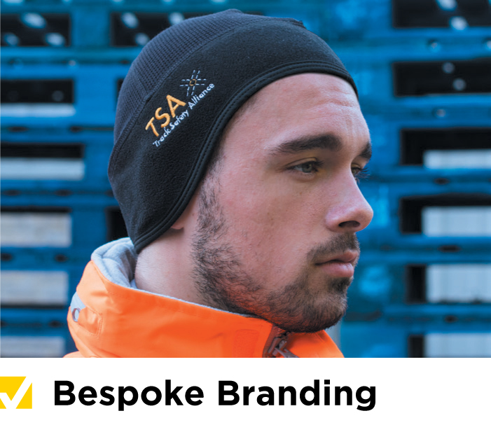 Man wearing thermal beanie with custom logo displayed