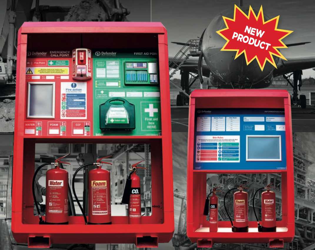 Defender safety hut including fire extinguishers in water, foam and CO2, first aid kit and fire call point