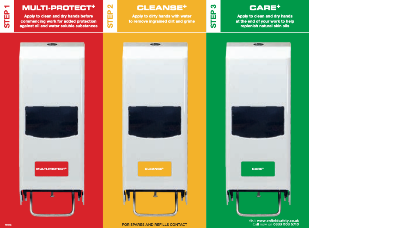 Three step hand care dispensers for construction sites