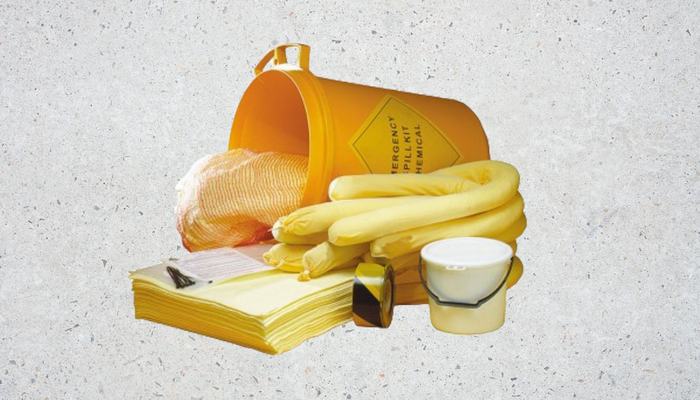 Yellow spill kit including socks, pads, bags, ties, tape and bucket