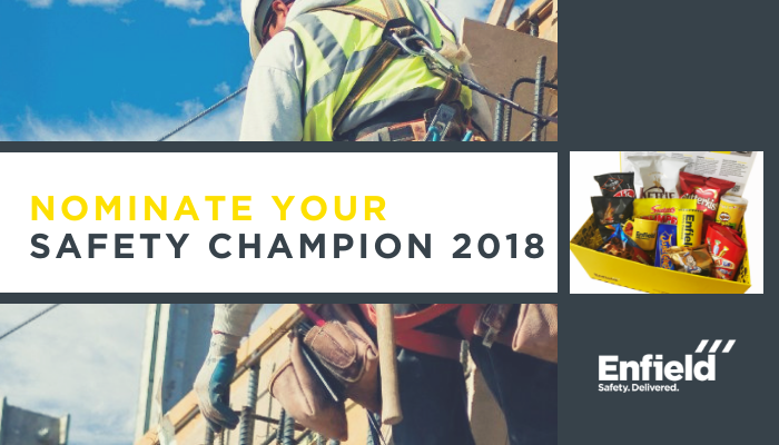 Site operative wearing safety gear with the words: nominate your safety champion 2018