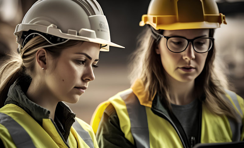 Two female construction workers wearing hard hats and yellow hi-vis jackets