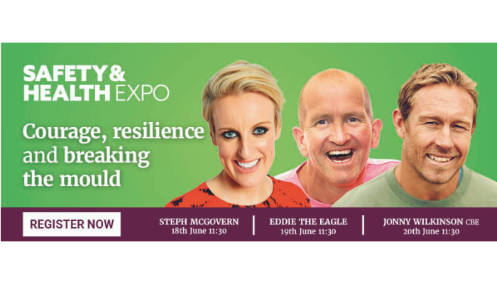 Face of guest speakers Steph McGovern, Eddie the eagle, Jonny Wilkinson at Safety & Health Expo