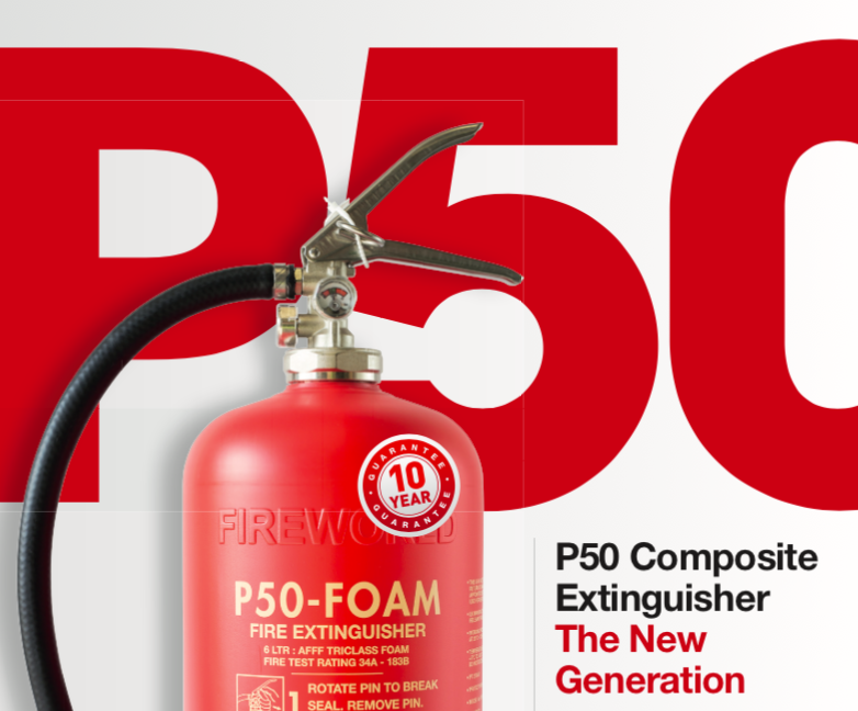 P50 fire extinguisher displaying 10 year guarantee stamp 