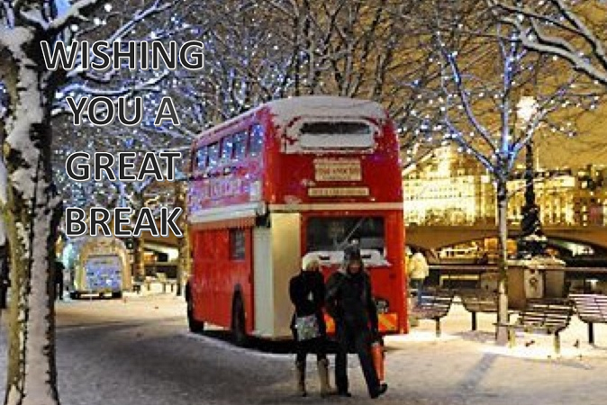 Red bus and snow background with words - wishing you a great break. 