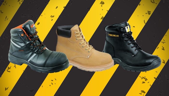 Three different work boots displayed on yellow and black stripe background