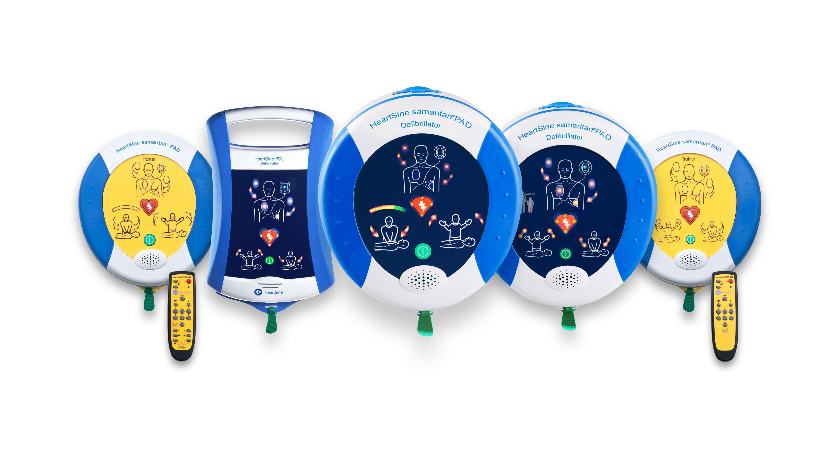 Display of five defibrillators in blue and white 