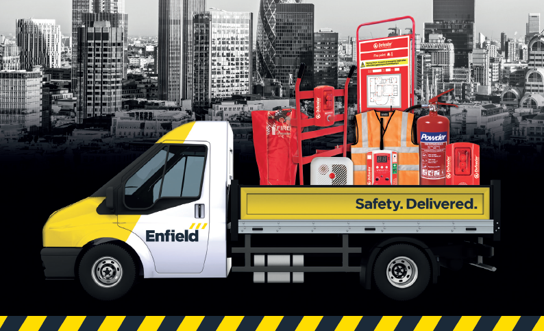 Enfield Safety delivery van with various PPE and fire safety products displayed